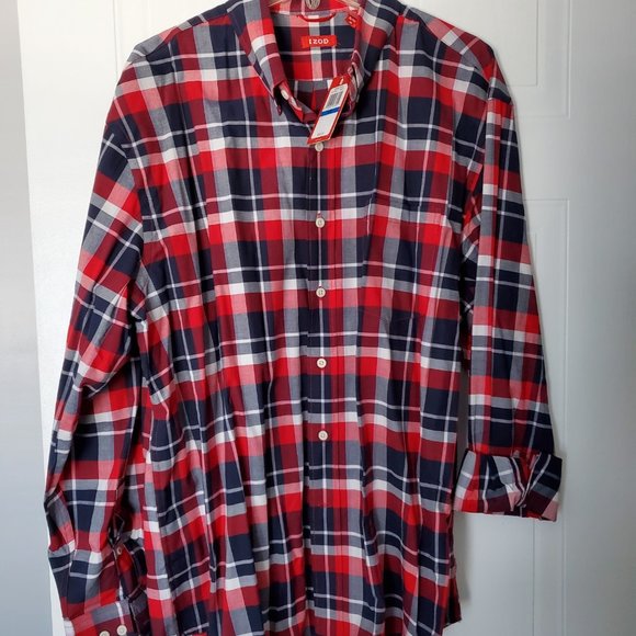Men's - IZOD Long Sleeve Red and Navy Blue Plaid / Checkered Shirt - NWT - Picture 1 of 6